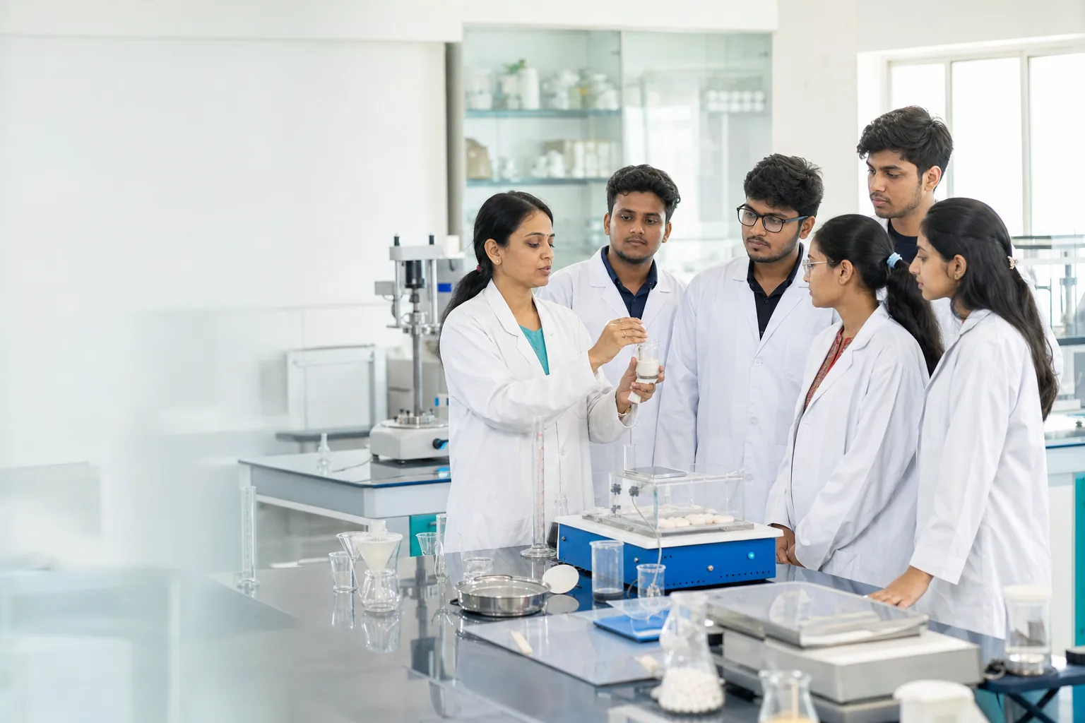 Indian pharmacy students learning medicine formulation in a laboratory